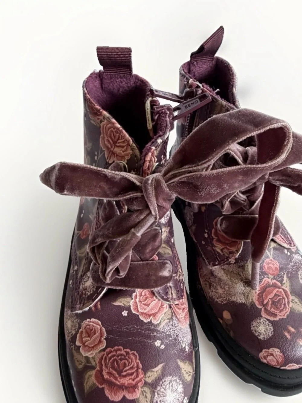 H&M Toddler Girls Floral Combat Boots Sz 6.5 Velvet Ribbon Laces Lug Sole Zipper